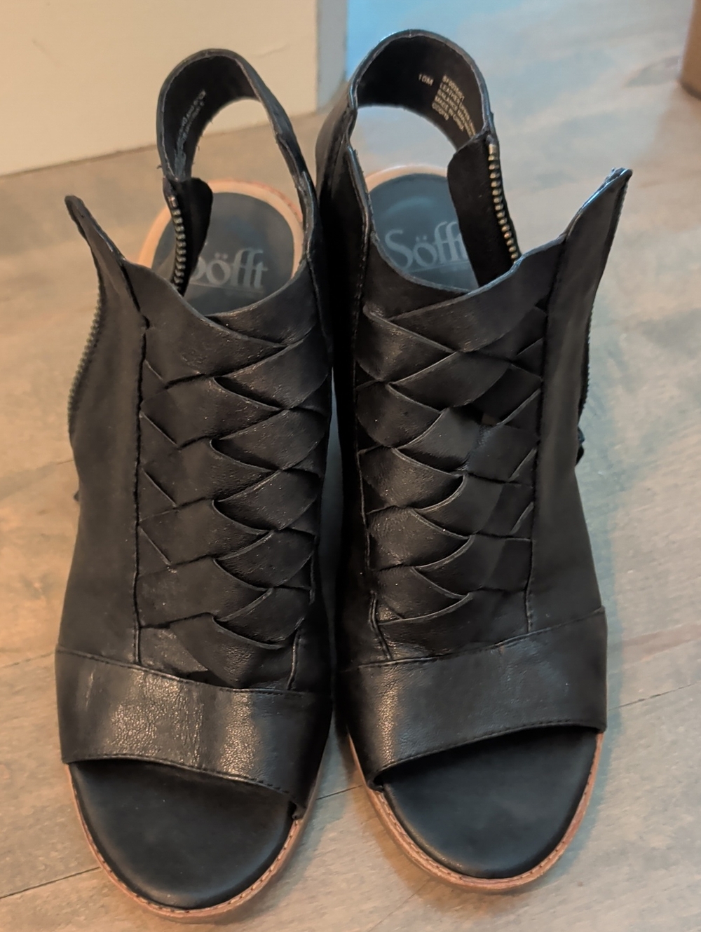 Sofft Black Leather Woven Open-Toe Slingback Mules